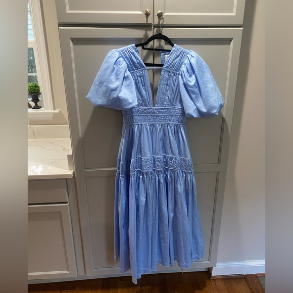Aje Fallingwater Gathered Midi Dress in Color Powder Blue Size 4 Aje Fallingwater Gathered Midi Dress in Color Powder Blue Size 4